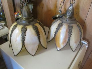 1 Available Vintage Stained Glass Tulip Shape Pendant Ceiling Light 11 " Wide