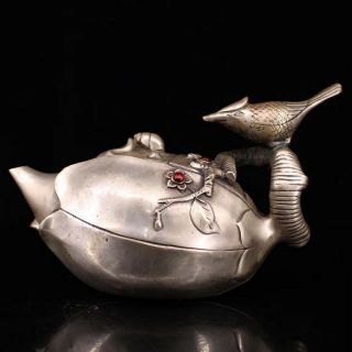Collectable Handwork Miao Silver Carve Flower Bird Inlay Wealth Souvenir Tea Pot