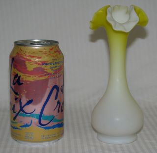 Signed Antique Webb Yellow Fade Satin Art Glass Bud Vase Pinch Ruffle Top Iris