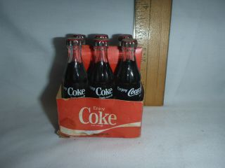 Vintage 6 - Pack Carrier Mini Miniature Glass Coke Coca - Cola Bottles Metal Caps