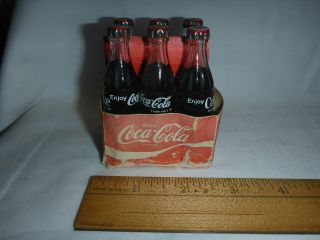 Vintage 6 - Pack Carrier Mini Miniature Glass Coke Coca - Cola Bottles Metal Caps 3