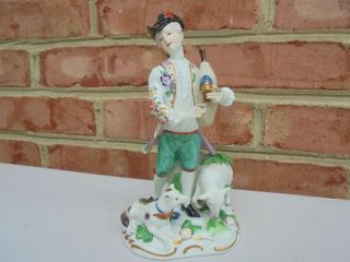 Antique Early Hochst Porcelain Figure Shepherd W Bagpipe Dog & Sheep Wheel Mark