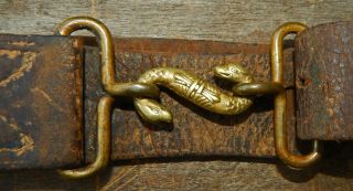 Antique Military Snake Belt 19th Century Brass Snake Buckle On Vintage Leather