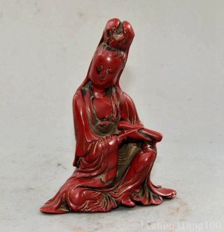 Collectable Antique Red Coral Hand Carve Guan Yin Moral Auspicious Lucky Statue