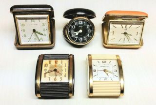 5 Vintage Travel Alarm Clocks By Elgin,  Phinney - Walker,  Linden & Westclox