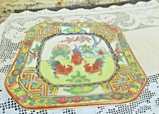 Old Chinese Export Famille Rose Enamel Porcelain Trinket Tray Roosters Marked