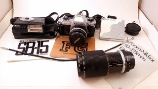 Vintage Nikon Fg Camera With 50 - 135 Mm Zoom Lens And Sb - 15 Speedlight