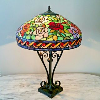 Vtg Tiffany Style Floral Stained Glass Table Lamp Large 26 "