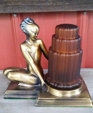 Art Deco Nude Lady Girl Lamp Fish Face Nymph Nuart Frankart Style Bronze Spelter