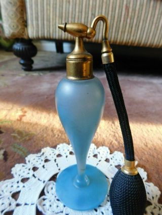Devilbiss Antique Perfume Bottle With/ Atomizer Blue Glass Tall 6 1/2 "