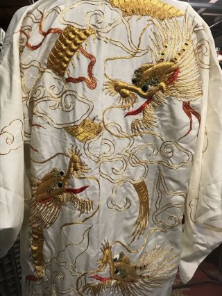 Antique/Vintage Chinese Silk hand Embroidered 3 Head Dragon Kimono Robe 2