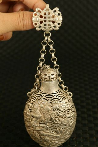 Fine Old Tibet Silver Hand Carved Dragon Statue Snuff Bottle Decoration Gift
