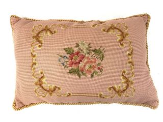 Vintage Needlepoint Pillow Victorian Roses Shabby Chic Dusty Pink Gold Rectangle
