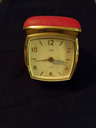 Vintage Elgin Red Case Travel Alarm Clock Made In Germany Illuminates