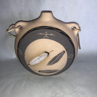 Indian Pottery Native American Grey Feather Vase Canteen With Leather Cord 1984