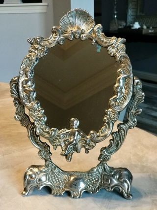 Vintage Art Deco Vanity Mirror Cast Metal Table Mirror Ornate Frame Oval Mirror