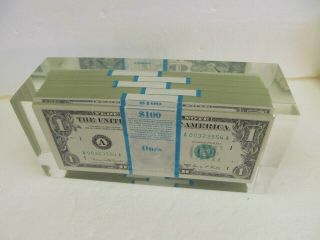 $1 Dollar Bills Old Series 1969 Vtg Money Paperweight Lucite 5 Stacks Novelty