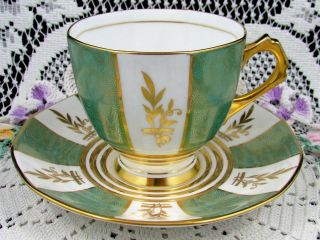 Tuscan Green & Gold Gilt Panels Art Deco Style Tea Cup And Saucer