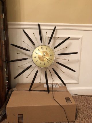 Vintage Mid Century Modern Robert Shaw Starburst Sunburst Wood Gold Wall Clock