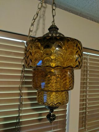 Vintage Mid Century Amber Glass Swag Hanging Lamp With Triple Layer Glass