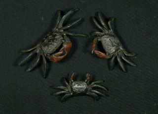 Set Of 3 Vintage Japanese Okimono Statue Metal Crab Bonsai Showa Period