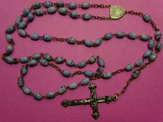 Gorgeous Antique Glass Rosary // Blue/black Glass Beads // Silver Crucifx