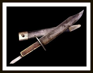 Unusual 19th C.  American Civil War Bowie Knife With A Second Blade In The Grip
