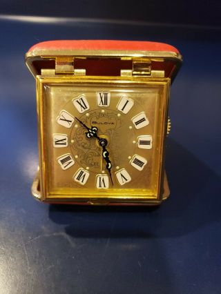 Vintage Bulova Wind Up Travel Alarm Clock Red Clamshell Case