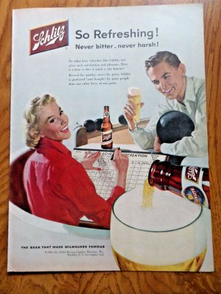 1956 Schlitz Beer Ad Couple Bowling Theme 1956 Scott - Atwater Boat Motors Ad