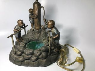 Rare Art Nouveau Bronzed Spelter Figural Table Lamp 4 Boys Well Pump Fishing