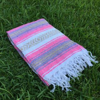 Pink Mexican Blanket Falsa Woven Yoga Throw Sarape Seat Cover Throw Rug 2