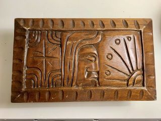 Vintage Hand Carved Wood Tiki Honduras Folk Art Myan Box 13” X 7 1/2”