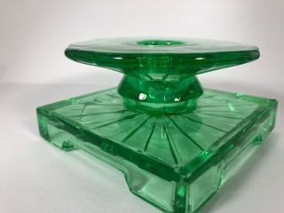 Vintage Green Glass Taper Candle Holder Ray Pattern Square Base 5f