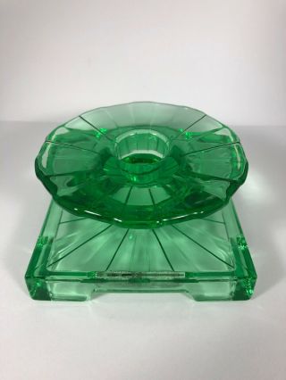 Vintage Green Glass Taper Candle Holder Ray Pattern Square Base 5F 2