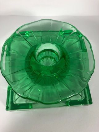 Vintage Green Glass Taper Candle Holder Ray Pattern Square Base 5F 3