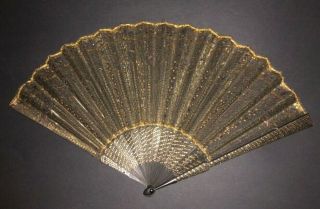 Fine Antique French Duvelleroy ? Carved Wood Paillettes Inlaid Embroidered Fan