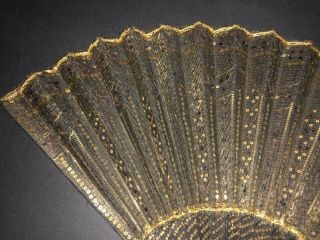FINE ANTIQUE FRENCH DUVELLEROY ? CARVED WOOD PAILLETTES INLAID EMBROIDERED FAN 2