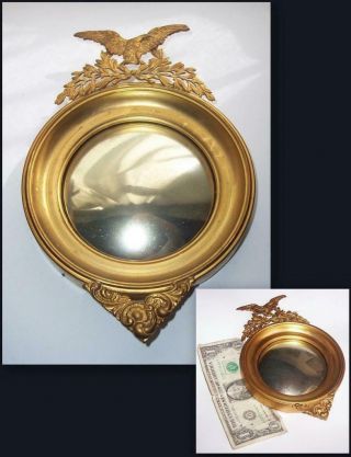 Small Antique Federal Eagle Convex (bulls Eye) Mirror,  5 " Gold Metal Frame