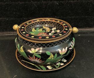 Chinese Cloisonne Enamel Brass Blossoms Censer Incense Burner Ashtray Lid & Dish