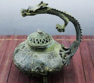 Antique Chinese Fengshui Bronze Dragon Handle Incense Burner Statue Xuande Marks