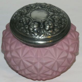 Antique Pink Satin Glass Quilted Victorian Biscuit Jar & Silverplate Lid