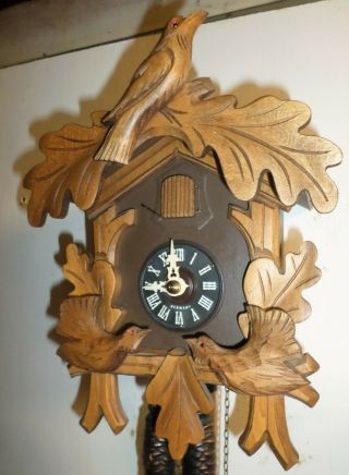 German Hubert Herr Black Forest Dancing Game Birds Carved Cuckoo Clock
