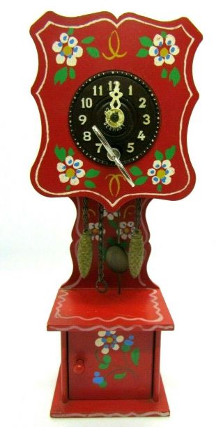 Vintage Red Miniature Wood Grandfather Clock - Made In West Germany - W/ Key