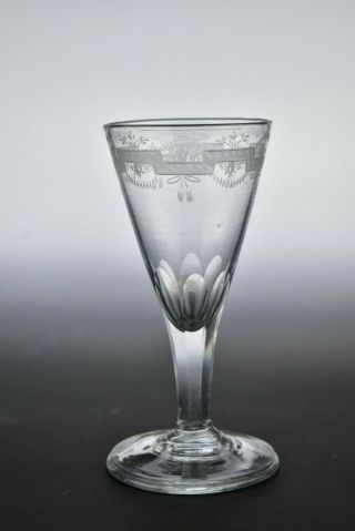 Engraved English Blown Leaded Wine Glass W/ Faceted Stem 18th 19th Century