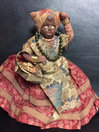 Vintage 10 " Black Americana Cloth Doll W Intricate African Dress