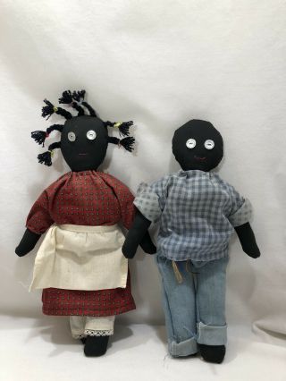 Primitive Black Americana Folk Art 2 Cloth Dolls Girl And Boy Handmade