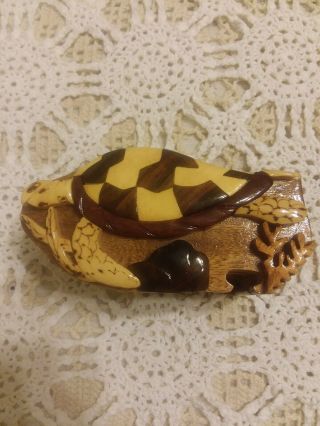Vintage Carved Wood Japanese Puzzle Box Trinket Jewelry Inlaid Turtle Design
