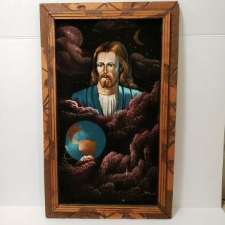 Jesus Over World Vintage Black Velvet Painting Signed Autographed Wood Frame