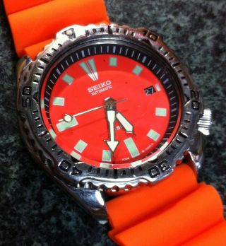 Seiko Scuba Diver Watch Auto 7002 - 7020 15 Bar Date Orange Face & Strap Ss Bezel