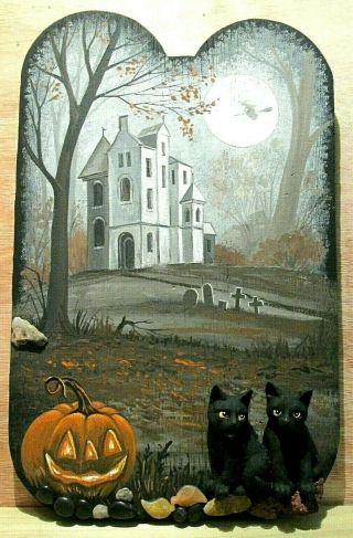 Ooak Halloween Ryta Black Cat Figurine Witch Hand Painted Folk Art Wood
